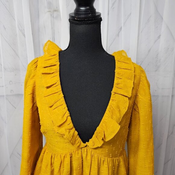 Tularosa Mustard Peasant Blouse Swiss Dot Ruffle Smocked Tunic Boho S - Picture 2 of 15